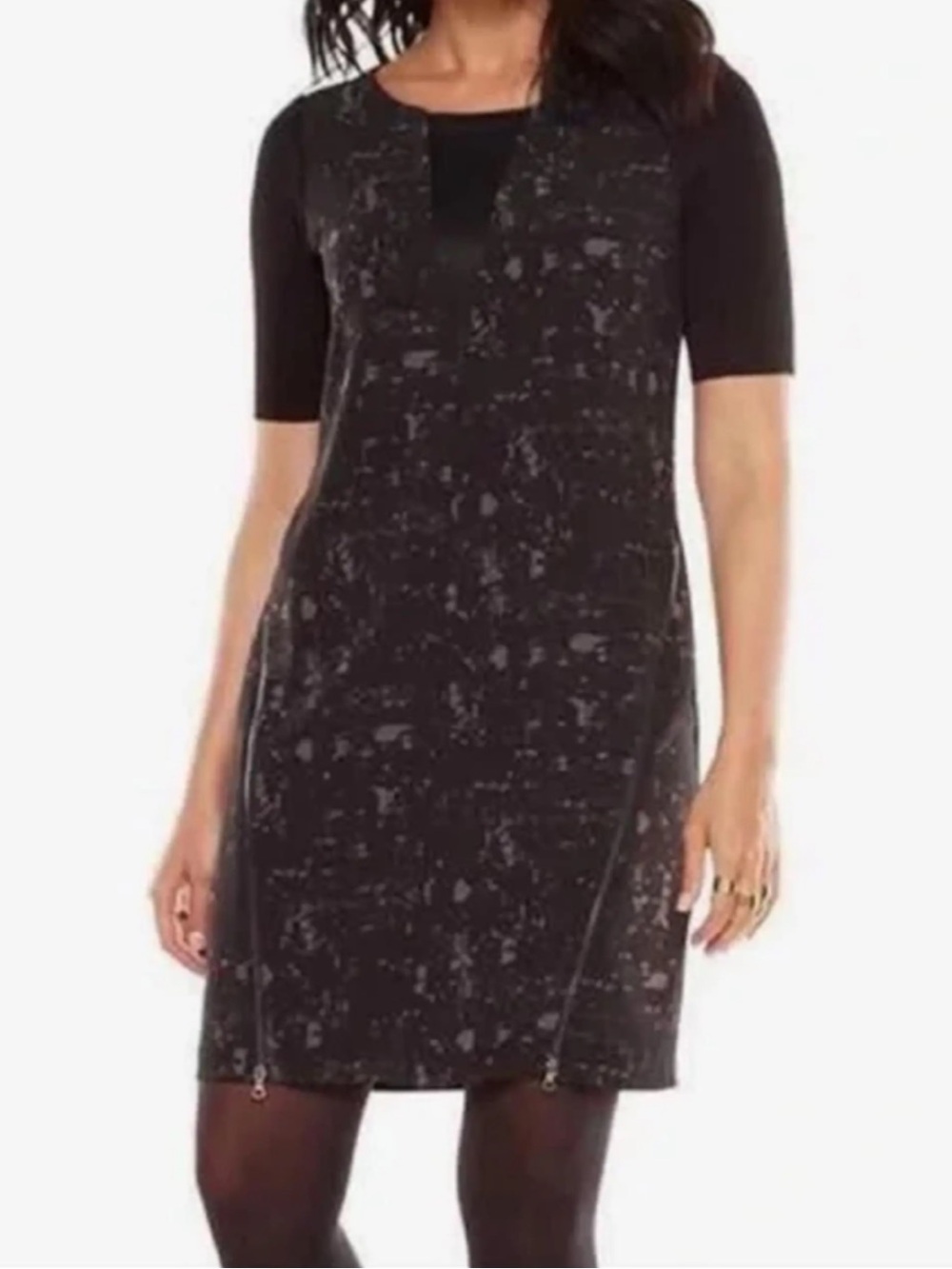 Elie Tahari Black Short Sleeve Midi Dress with Subtle Metallic Fleck